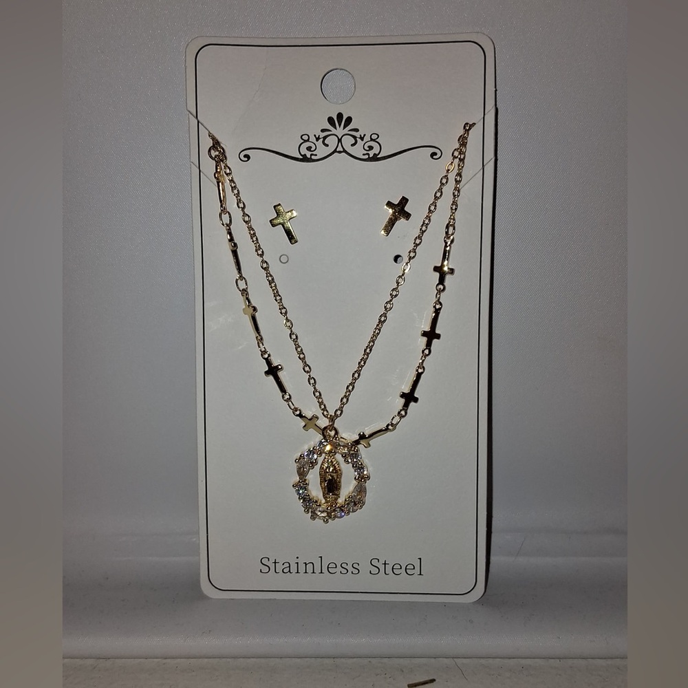 Gold-Tone Stainless Steel Cross Layered Necklace & Earring Set